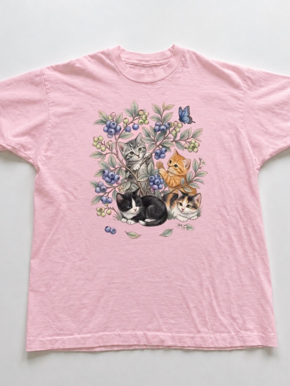Light Pink Tee with Cute Kittens and Floral Blueberry Print